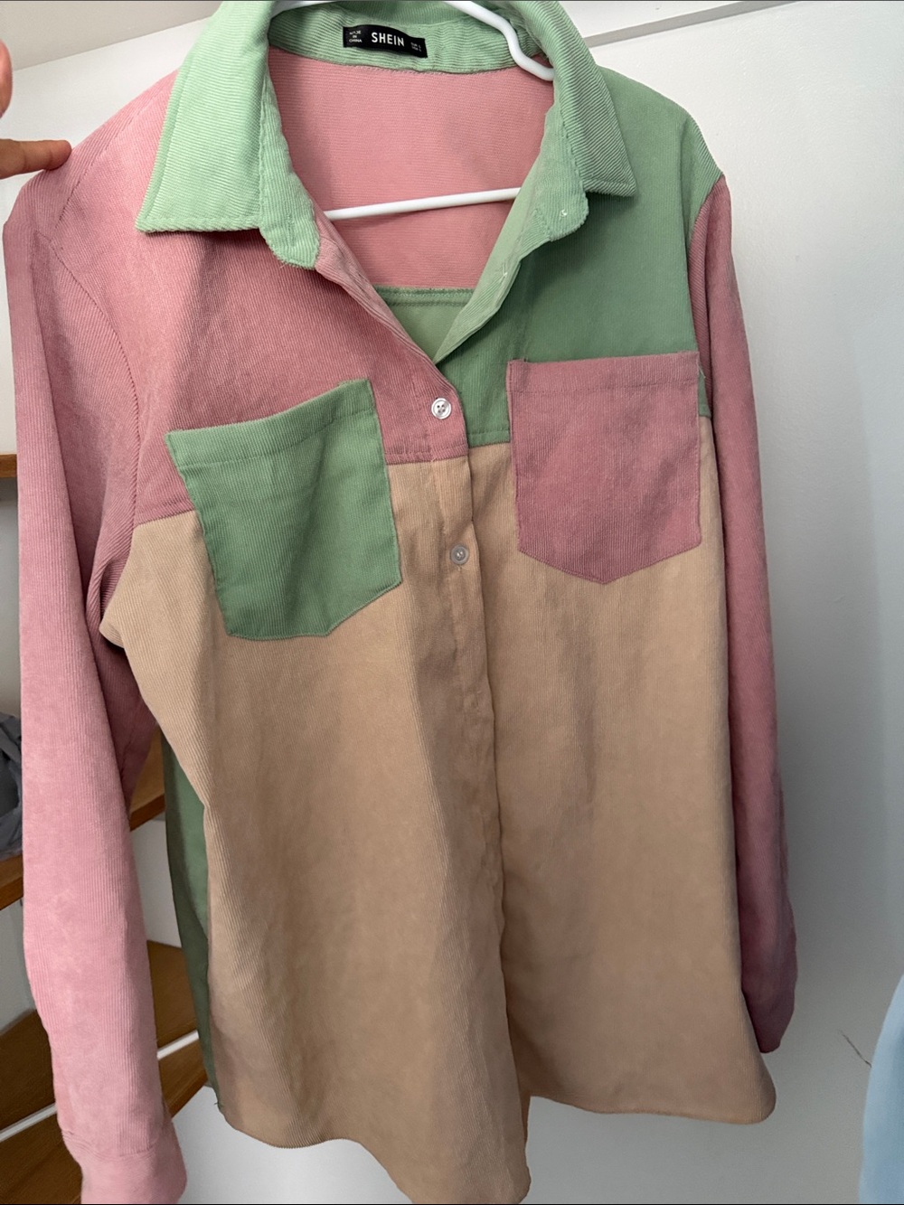 SHEIN Corduroy Button-Up Shirt - Pink, Green & Tan